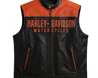 Harley Davidson Leather Motorcycle Biker Vest Genuine Cowhide Leather Riding Waistcoat  HD Motorcycle Classic riding Vest Best Gift for Him.