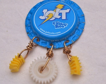 Bottle Cap Pendant, Jolt, Upcycled, Recycled, Repurposed, Blue, Funky, Pop Art, Lightning Bolt