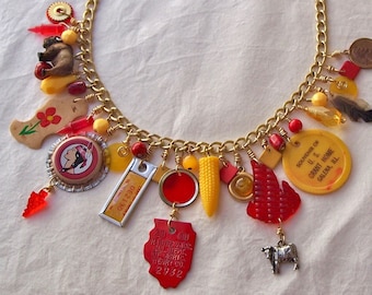 Recycled Charm Necklace, Mixed Media, Colorful, Found Objects, Statement Necklace, Illinois, Assemblage, Red, Yellow, Land of Lincoln