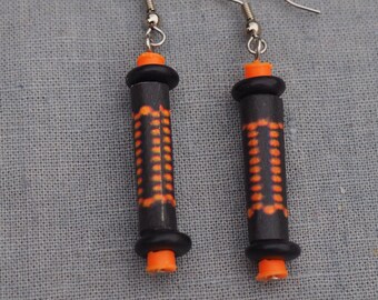 Recycled Long Dangle Earrings, Paper, Mixed Media, Black, Orange, Tribal, Repurposed, Assemblage