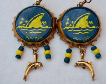 Ocean Earrings, Beach, Tropical, Teal, Yellow, Recycled, Bottle Cap Earrings, Dolphin, Shark, Nautical