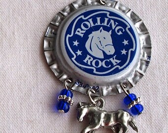 Horse Pendant, Equestrian, Bottle Cap, Recycled,  Beer Cap, Rolling Rock, Western, Cowboy, Blue, Horse Lover Gift
