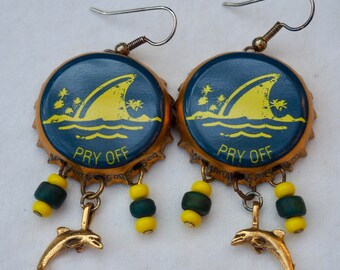 Ocean Earrings, Bottle Cap Earrings, Beach, Tropical, Teal, Yellow, Recycled, Dolphin, Shark, Nautical