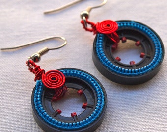 Recycled Earrings, Hoop, Lightweight Earrings, Gift Under 20 Dollars, Zipper, Wire Work, Black, Teal, Red, Colorful