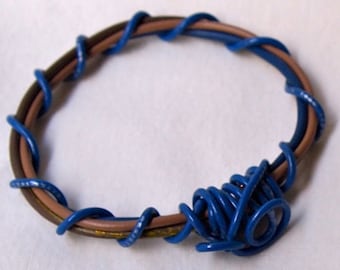 Bangle Bracelet, Brown, Blue, Recycled Wire, Upcycled, Small/Medium