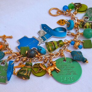 Cat Charm Bracelet, Rabies Tag Bracelet, Cat Lover Gift, Recycled, Green, Blue, Feline, Found Objects, Colorful image 5
