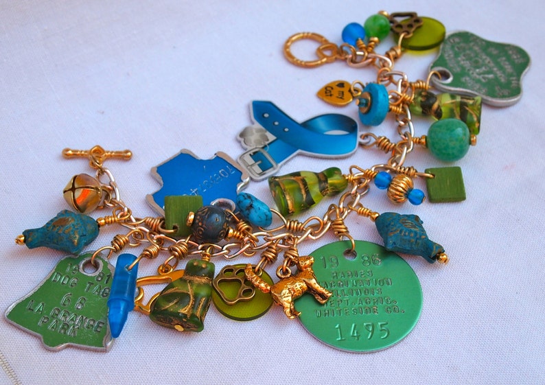 Cat Charm Bracelet, Rabies Tag Bracelet, Cat Lover Gift, Recycled, Green, Blue, Feline, Found Objects, Colorful image 5
