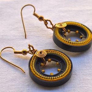Recycled  Hoop Earrings, Zipper, Wire Work, Black, Yellow, Geometric, Lightweight Earrings