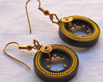 Recycled  Hoop Earrings, Zipper, Wire Work, Black, Yellow, Geometric, Lightweight Earrings