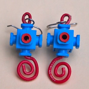 Unusual Jewelry, Pop Art Earrings, Mod, Recycled, Long Dangle, Blue & Red, Funky, Colorful