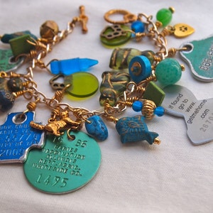 Cat Charm Bracelet, Rabies Tag Bracelet, Cat Lover Gift, Recycled, Green, Blue, Feline, Found Objects, Colorful image 3