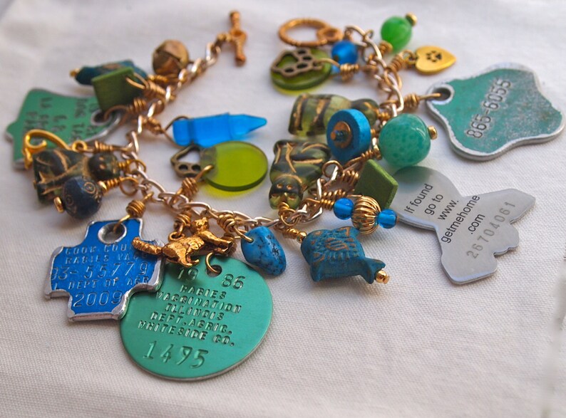 Cat Charm Bracelet, Rabies Tag Bracelet, Cat Lover Gift, Recycled, Green, Blue, Feline, Found Objects, Colorful image 3