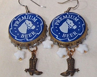 Horse Earrings, Blue, Bottle Caps, Upcycled, Cowboy Boots, Recycled, Cowgirl, Western,  Beer Caps