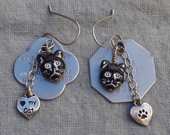 Rabies Tag Earrings, Pet Tag Earrings, Cat Lover Gift, Cat Earrings, Silver & Black, Recycled