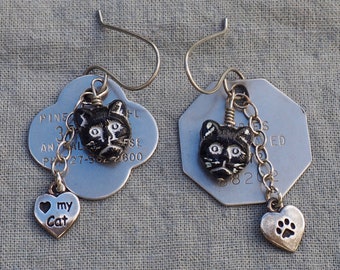 Rabies Tag Earrings, Pet Tag Earrings, Cat Lover Gift, Cat Earrings, Silver & Black, Recycled