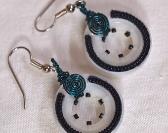 Black & White Earrings, Hoop,  Recycled Plastic, Teal, Zipper, Wire Work, Repurposed, Lightweight