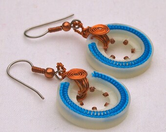 Recycled Earrings, Recycled Gift Under 20 Dollars, Bright, Modern, Turquoise, White, Copper, Wirework, Hoop Earrings