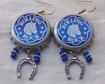 Horse Earrings, Recycled, Blue, Cowboy, Cowgirl, Western, Bottle Cap,  Lucky, Horseshoe, Equestrian, Rolling Rock Beer Caps