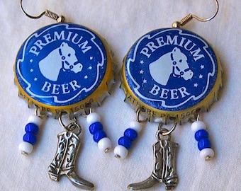 Horse Earrings, Blue, Bottle Caps, Upcycled, Cowboy, Recycled, Cowgirl, Western,  Beer Lover Gift, Horse Lover Gift