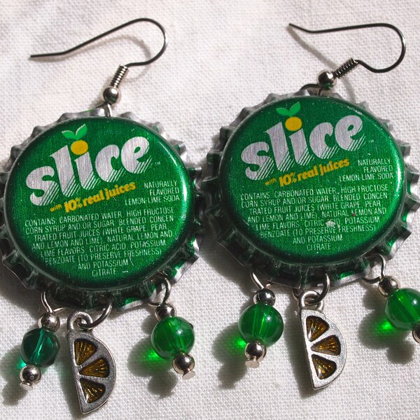 Retro Earrings, Bottle Cap Earrings, Slice, Soda, Green, OOAK, Funky