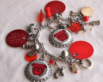 Dog Tag Charm Bracelet, Rabies Tag Bracelet, Bulldog, Bottle Cap, Recycled, Red, Silver, Dog Lover Gift, Colorful