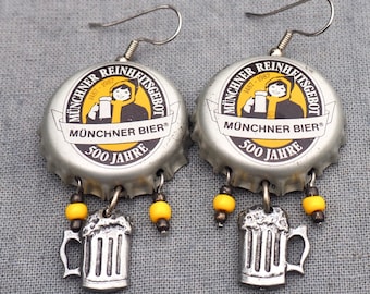 Upcycled Bottle Cap Earrings, Recycled, Silver, Yellow, Beer Stein, Munchner Beer