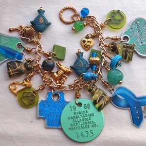 Cat Charm Bracelet, Rabies Tag Bracelet, Cat Lover Gift, Recycled, Green, Blue, Feline, Found Objects, Colorful image 1