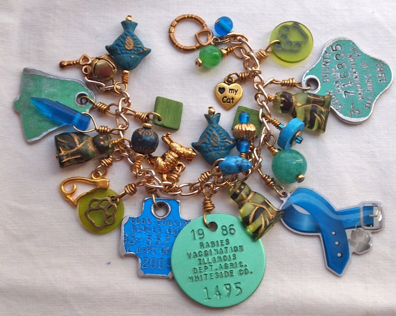 Cat Charm Bracelet, Rabies Tag Bracelet, Cat Lover Gift, Recycled, Green, Blue, Feline, Found Objects, Colorful image 1