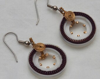 Recycled Hoop Earrings,  Zipper, Wire Work, White & Brown, Gift Under 20, Unusual Earrings