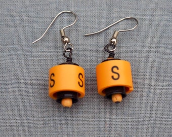 Recycled Earrings, Small Dangle Earrings, Light weight, Letter S, Repurposed, Orange, Black, Recycled Plastic, Initial S