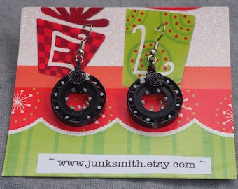 Recycled Earrings, Dangle, Lightweight Earrings, Gift Under 20 Dollars, Wire Work, Black & Gray, Circle, Unusual Earrings, Polka Dot