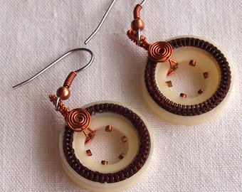 Recycled Hoop Earrings, Zipper, Wire Work, Brown, Copper, Recycled Gift Under 20, Circle Earrings