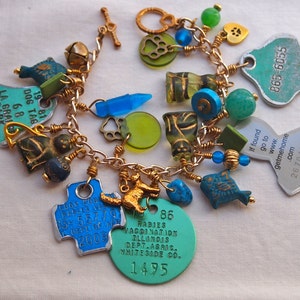 Cat Charm Bracelet, Rabies Tag Bracelet, Cat Lover Gift, Recycled, Green, Blue, Feline, Found Objects, Colorful image 2