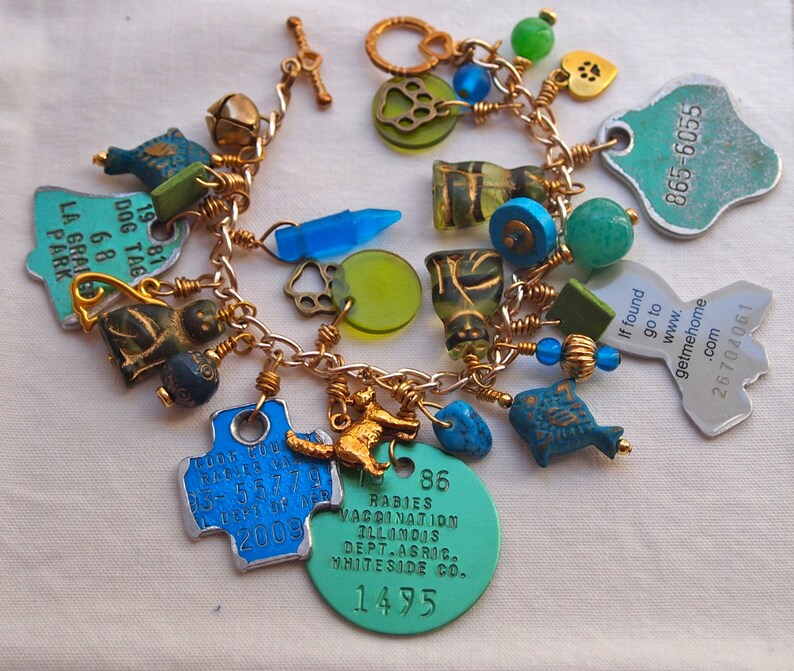 Cat Charm Bracelet, Rabies Tag Bracelet, Cat Lover Gift, Recycled, Green, Blue, Feline, Found Objects, Colorful image 2