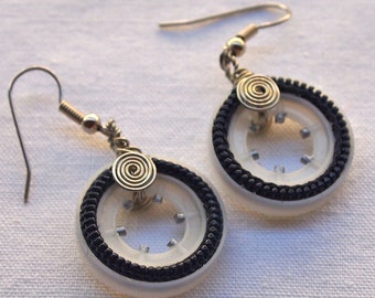 Recycled Black and White Earrings, Hoop,  Zipper, Wire Work, Funky, Gift Under 20