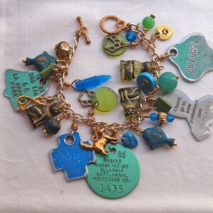 Cat Charm Bracelet, Rabies Tag Bracelet, Cat Lover Gift, Recycled, Green, Blue, Feline, Found Objects, Colorful image 4