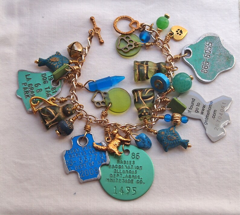 Cat Charm Bracelet, Rabies Tag Bracelet, Cat Lover Gift, Recycled, Green, Blue, Feline, Found Objects, Colorful image 4