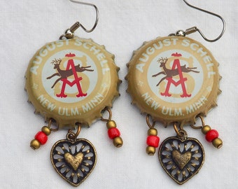 Recycled Bottle Cap Earrings, Romantic, Upcycled, Deer, Heart, Beige, Red, Woodland, Beer caps