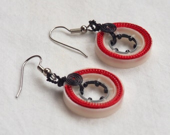 Recycled Earrings, Red White, & Black Earrings, Hoop,  Zipper, Wire Work, Repurposed