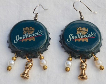 Chess Earrings, Chess Lover Gift, Bottle Cap Earrings, Castle, Rook, Green, Recycled, Smithwick, Beer