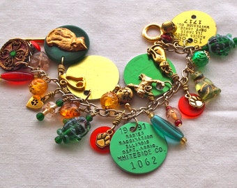 Cat Charm Bracelet, Rabies Tag Bracelet, Cat Lover Gift, Recycled, Green, Gold, Red, Animal, Large Bracelet, Colorful