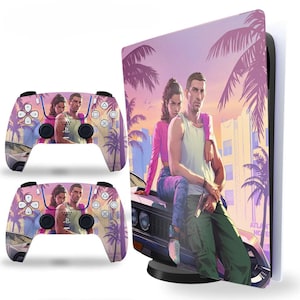 May include: A gaming console skin and two matching wireless controller skins featuring a graphic illustration of a man and a woman sitting on the hood of a car against a sunset backdrop with palm trees and a building labelled Atlantic Hotel.