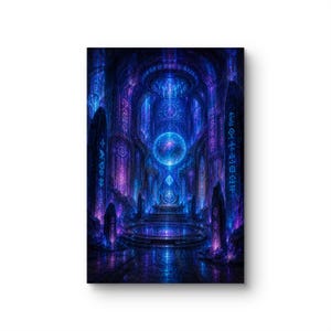 Könnte beinhalten: Ein digitaler Kunstdruck, der eine dunkle, höhlenartige Halle zeigt, die von leuchtendem blauem und violettem Licht erhellt wird. Hohe Steinsäulen, die mit mysteriösen Symbolen graviert sind, säumen den Raum und führen zu einer zentralen Kugel.