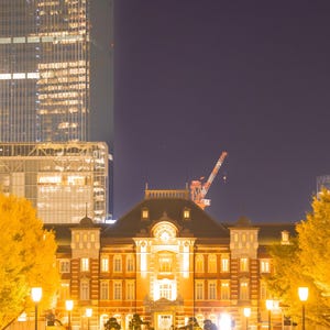 May include: Nighttime cityscape featuring a historic brick building with illuminated windows, flanked by rows of golden trees. Modern skyscrapers rise in the background under a dark blue sky, with a construction crane visible.