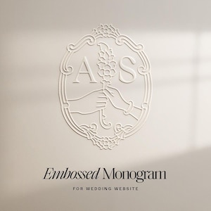 Puede incluir: Diseño de monograma en relieve con las letras "A" y "S" dentro de un marco ornamentado. El diseño incluye dos manos sosteniendo un elemento floral. El texto "Embossed Monogram" y "FOR WEDDING WEBSITE" se encuentra debajo.