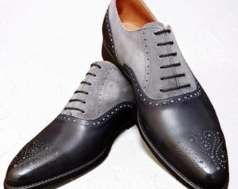 Handgemaakte zwart-grijze suède leren brogue voor heren – tweekleurige formele kledingschoenen