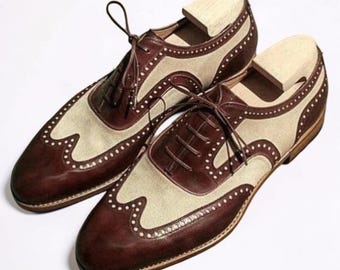 Handmade Men's Two Tone Burgundy Leather Oxford Lace Up Formal Dress Shoes