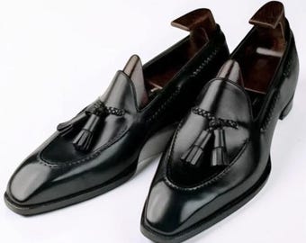 Mocassins à pampilles en cuir noir pour homme, faits main, chaussures habillées classiques à enfiler