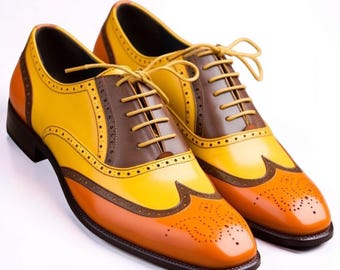 Chaussures habillées Oxford à bout golf pour hommes, en cuir multicolore, faites à la main