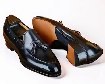 Handmade Men's Black Leather Loafers Slip-On Dress Shoes for Wedding, Party & Office Wear